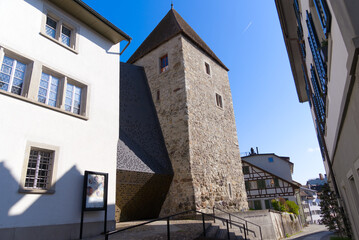 Medieval old town of City of Rapperswil with stone tower on a sunny spring day. Photo taken April 28th, 2022, Rapperswil-Jona, Switzerland.