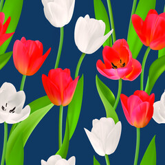 Obraz premium Floral Seamless tulip with leaves pattern on a beautiful background. High realism, vector, spring flowers for fabric, prints, decorations, invitation cards.