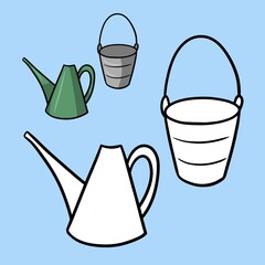 A set for a coloring book. Green cartoon watering can for watering plants and metal bucket. Vector