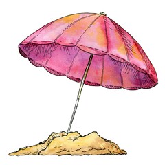 Pink large beach umbrella from the sun, watercolor illustration, sketch, design element