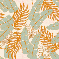 Fototapeta na wymiar Original seamless tropical pattern with bright plants and leaves on a beige background. Seamless pattern with colorful leaves and plants. Tropical botanical. Exotic wallpaper.