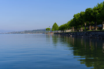 Fototapeta premium Waterfront with boardwalk and tree alley at border of Lake Zürich at City of Rapperswil-Jona on a sunny spring day. Photo taken April 28th, 2022, Rapperswil-Jona, Switzerland.