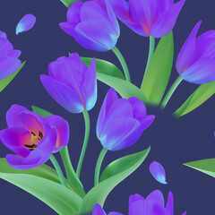 Floral Seamless tulip with leaves pattern on a beautiful background. High realism, vector, spring flowers for fabric, prints, decorations, invitation cards.