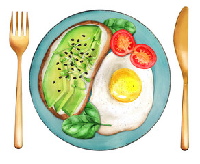 Sandwich with avocado and fried egg watercolor