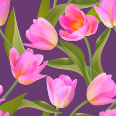 Fototapeta premium Floral Seamless tulip with leaves pattern on a beautiful background. High realism, vector, spring flowers for fabric, prints, decorations, invitation cards.