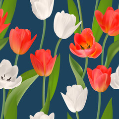 Floral Seamless tulip with leaves pattern on a beautiful background. High realism, vector, spring flowers for fabric, prints, decorations, invitation cards.