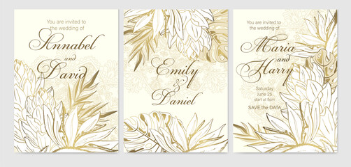 Set of 3 wedding cards. Tropical flowers, leaves and mandala. Golden outline of flowers. Art of nature.