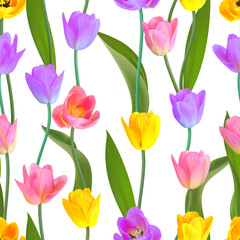 Floral Seamless tulip with leaves pattern on a beautiful background. High realism, vector, spring flowers for fabric, prints, decorations, invitation cards.