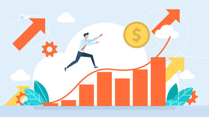Tiny character runs for money. Exchange rate growth. Rising prices. Depreciation of money. Online Currency Exchange or Stock Investments Technology. Flat design. Vector business illustration.