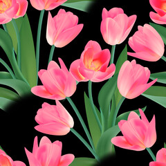 Obraz na płótnie Canvas Floral Seamless tulip with leaves pattern on a beautiful background. High realism, vector, spring flowers for fabric, prints, decorations, invitation cards.