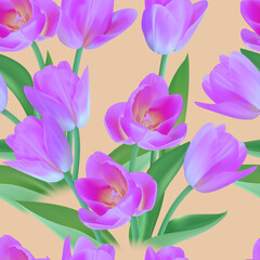 Floral Seamless tulip with leaves pattern on a beautiful background. High realism, vector, spring flowers for fabric, prints, decorations, invitation cards.