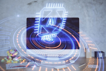 Double exposure of table with computer on background and data theme hologram. Data technology concept.