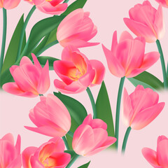 Floral Seamless tulip with leaves pattern on a beautiful background. High realism, vector, spring flowers for fabric, prints, decorations, invitation cards.