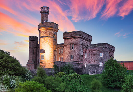 View of the castle of Inverness in Scotland at dramatic sunset