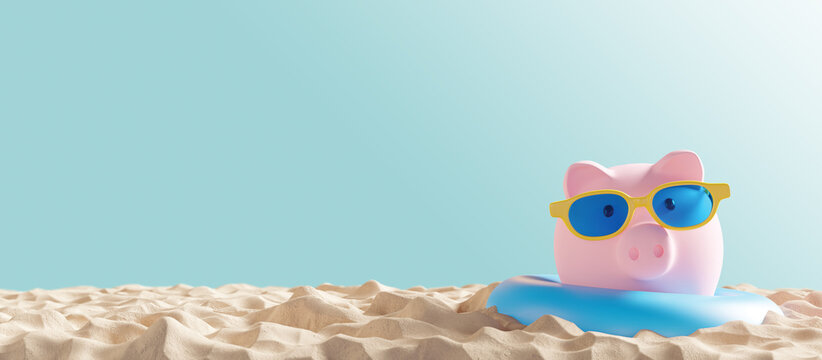 Piggy bank with sunglasses on sand beach with copy space 3D render