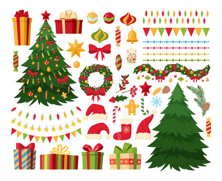 Christmas elements, xmas trees, gift boxes and garlands. Winter holidays decorations, Santa hats, socks and wrapped presents vector symbols illustrations set. Christmas collection