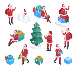 Santa Claus characters, Christmas mascots preparing gifts boxes and decorating xmas tree. Santa Claus xmas holidays celebration 3d vector illustrations set. Christmas holiday characters