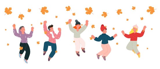 Happy children jumping under yellow falling maple leaves. Kids wear autumn clothes, cute cartoon fun little vector characters. Isolated school child jumps