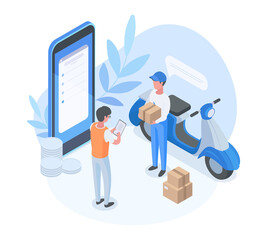 Isometric delivery service, deliveryman shipping parcel, online logistic concept. Courier bring package to customer vector background illustration. Delivery mobile app