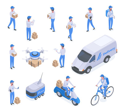 Isometric delivery characters, logistic service, postman or mailman workers. Delivery logistic service, parcels and packages shipping vector symbols illustration set. Online delivery service