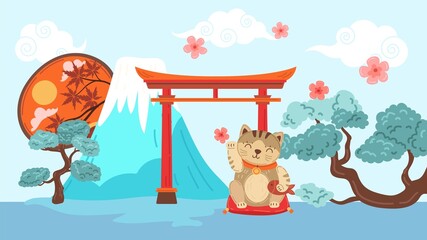 Japan traditional elements banner. Neko cat and gates, flying sakura flowers. Volcano, bonsai tree and oriental decorative fan. Adventure and travel, tourism vector banner