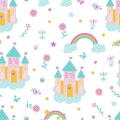 Magic fairytale castle seamless pattern. Cute girl princess fashion print with birds, rainbow and flowers. Adorable childish vector texture © MicroOne