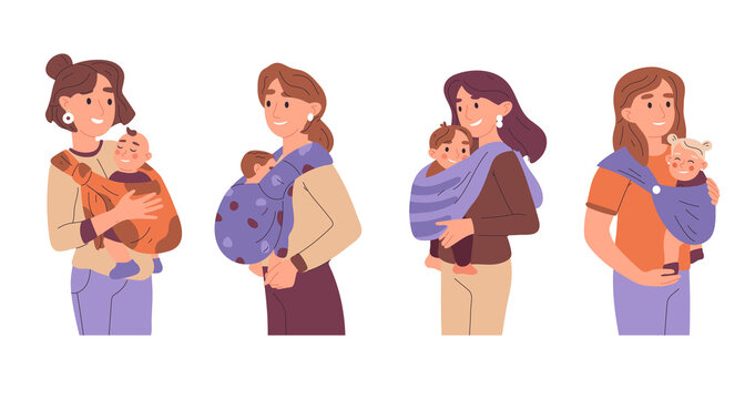 Mothers carrying kids in baby sling. Moms and newborn babies, cute toddlers sleeping in sling vector illustration. Cartoon loving, caring mothers