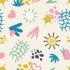 Trendy doodle abstract elements pattern. Sun, leaf and star. Contemporary fashion seamless texture, vector print template