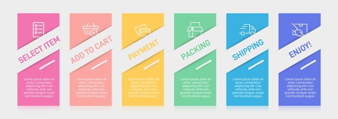 Concept of shopping process with 6 successive steps. Six colorful graphic elements. Timeline design for brochure, presentation, web site. Infographic design layout.
