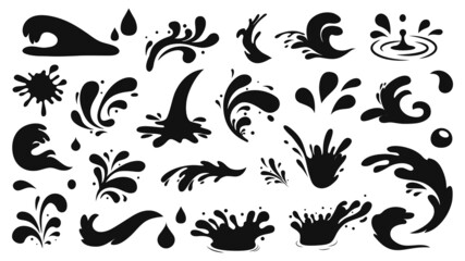 Water drops, black sea ocean waves stencil. Liquid elements, cry droplet icons vector set. Ink, sauce, river isolated splashes - obrazy, fototapety, plakaty
