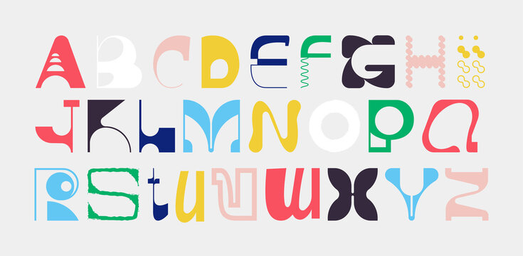 Large set of random letter shapes. English alphabet from geometric capital letters of eclectic shapes. Brutalism modern font type. Condensed and Bold font from geometric objects.