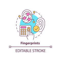 Fingerprints concept icon. Biometric identification technology abstract idea thin line illustration. Automated recognition. Isolated outline drawing. Editable stroke. Arial, Myriad Pro-Bold fonts used