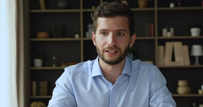 Head shot portrait businessman make videocall take part in conversation, solve business use video conference app. Distance job interview, on-line stream, remote conversation, virtual meeting concept