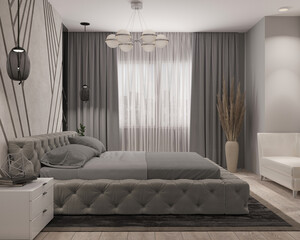 3d illustration. Modern bedroom in light gray tones, velor bed and upholstered wall panel, dressing table with pouffe, illuminated mirror. Chandelier and pendants. 3d render.