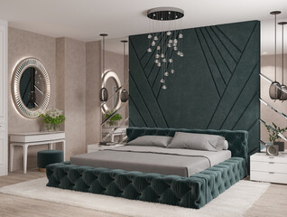 3d illustration. Modern bedroom in light and green tones, velor bed and upholstered wall panel, dressing table with pouffe, illuminated mirror. Chandelier and pendants. 3d render.