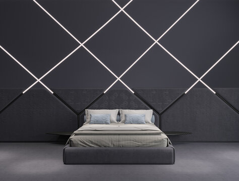 3d illustration. Stylish bedroom with LED lighting, bed with upholstered headboard, carpet. 3d render.