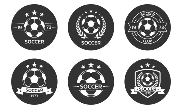 Soccer logo set with a ball. Football club or team circle emblem, badge, icon design. Sport tournament, league, championship label. Vector illustration.