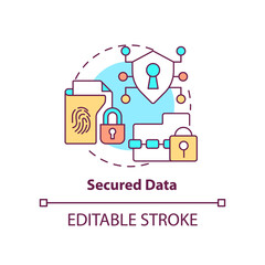 Secured data concept icon. Biometric authentication advantage abstract idea thin line illustration. Sensitive information. Isolated outline drawing. Editable stroke. Arial, Myriad Pro-Bold fonts used