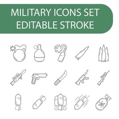 Military and war line icons set. Outline vector sign, linear style pictogram isolated on white. Symbol, logo, illustration. Editable stroke.