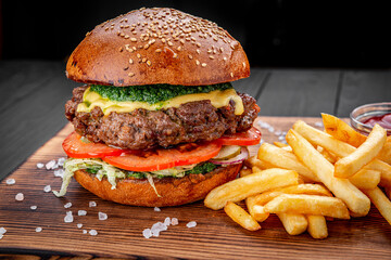 Burger with beef, hamburger with fries
