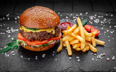 Burger with beef, hamburger with fries