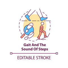 Gait and sound of steps concept icon. Behavioural measurement abstract idea thin line illustration. Footsteps analysis. Isolated outline drawing. Editable stroke. Arial, Myriad Pro-Bold fonts used