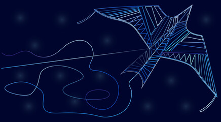 Original gradient graphic wallpaper. A bird-shaped kite is drawn in a single line painted in a blue gradient. Dark blue background color.