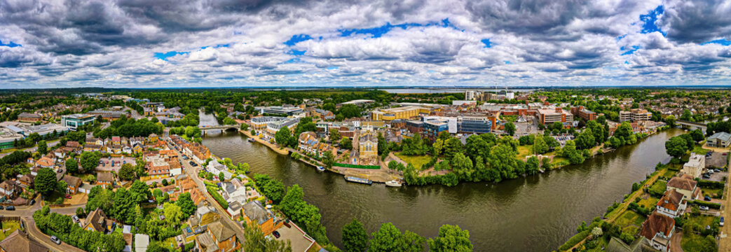 Aerial view of Staines-upon-Thames, a town on the left bank of the River Thames in Surrey, England