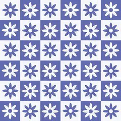 Papier Peint photo Pantone 2022 very peri Cute flowers on checkerboard seamless pattern in very peri and white . Great for fabric, home décor and textile 