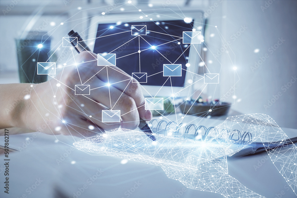 Poster e-mail abstract envelop drawing over hands taking notes background. concept of electronic mail. doub