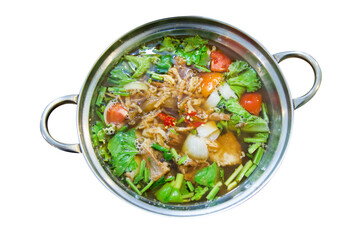 Top view of Thai Braised Beef Spicy Soup, focus selective