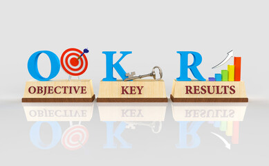 OKR. objectives and key results symbol. Concept of OKR letter placed on wooden platform with symbols. Bussiness,working, success concept. 3d illustration