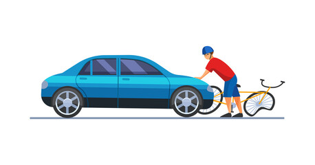 Collision of car and bicycle on road flat vector