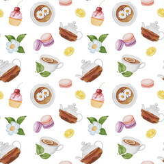 Allover seamless pattern with Cute watercolor dessert and teapots. Sweets and tea on white. Hand drawn Food and flower
